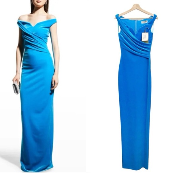 NWT Chiara Boni La Petite Robe Lucrecia Off Shoulder Velvet Gown Blue Size 2 - Picture 2 of 16
